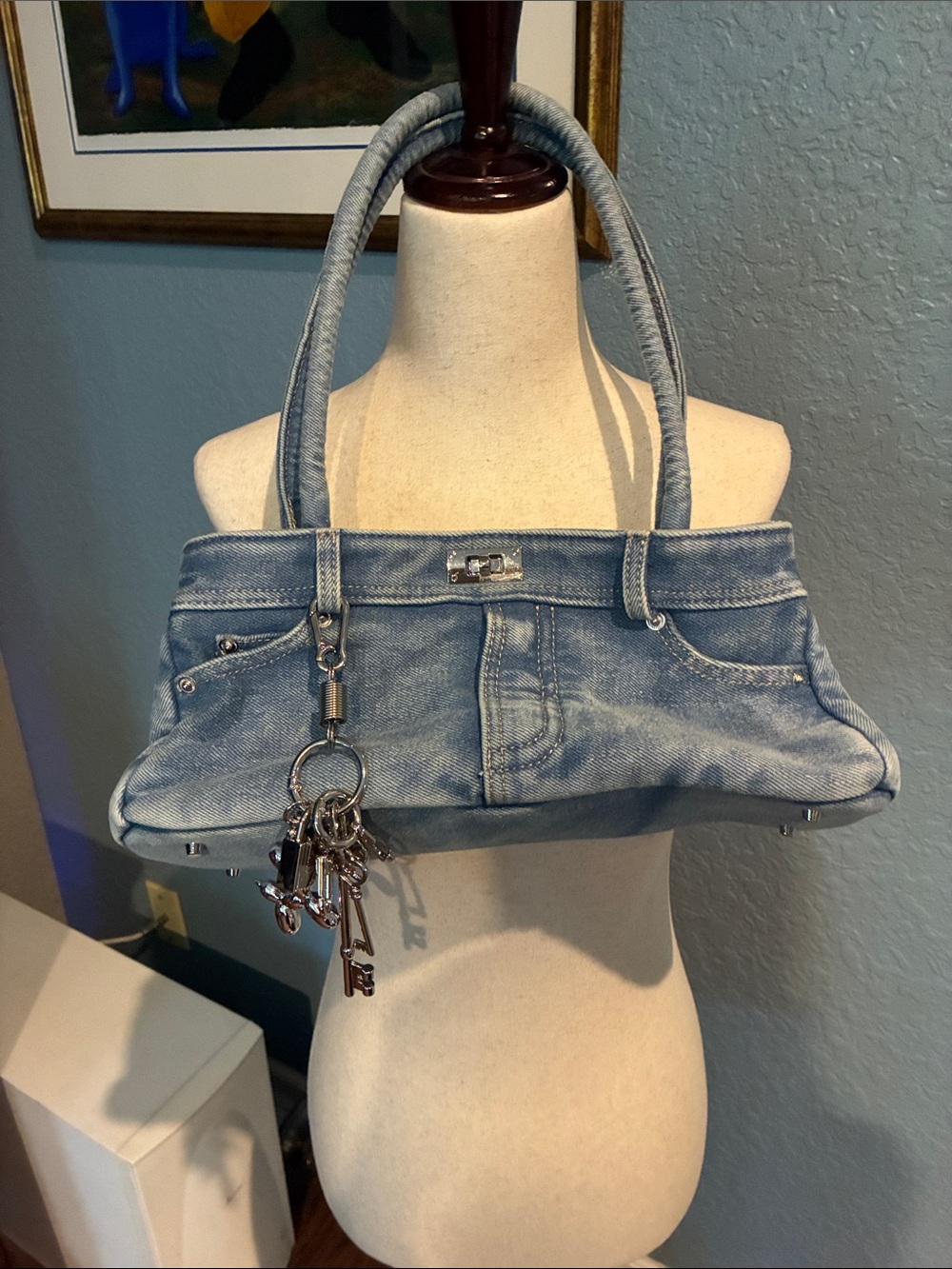 Source Unknown Light Blue Denim Shoulder Bag with Charm Keyring